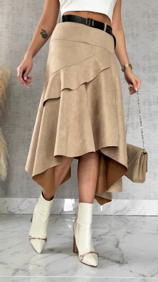 Asymetryczna elegancka spódnica zamszowa ONE SIZE beżowa - R520