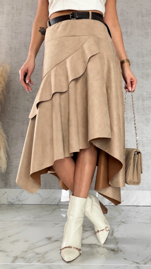 Asymetryczna elegancka spódnica zamszowa ONE SIZE beżowa - R520
