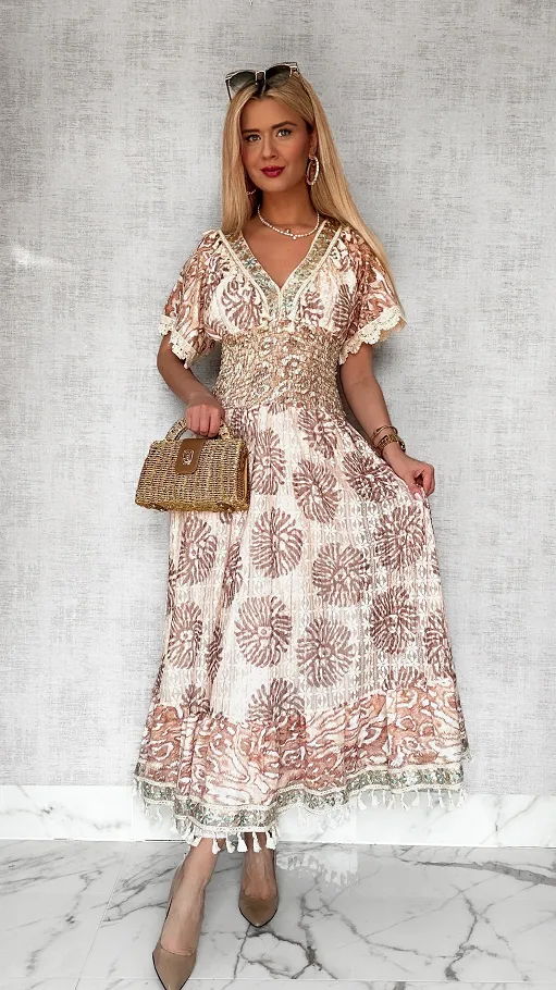 Piękna długa sukienka boho z gumową talią ONE SIZE - P715