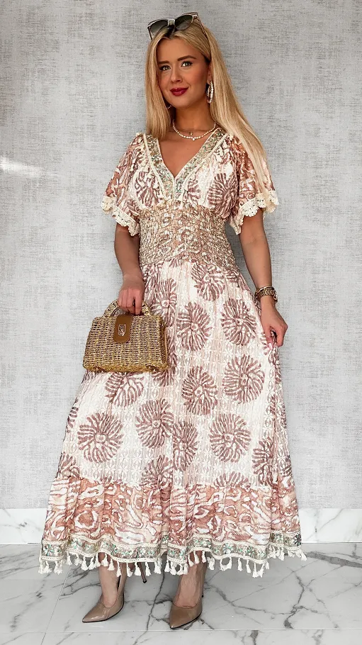 Piękna długa sukienka boho z gumową talią ONE SIZE - P715