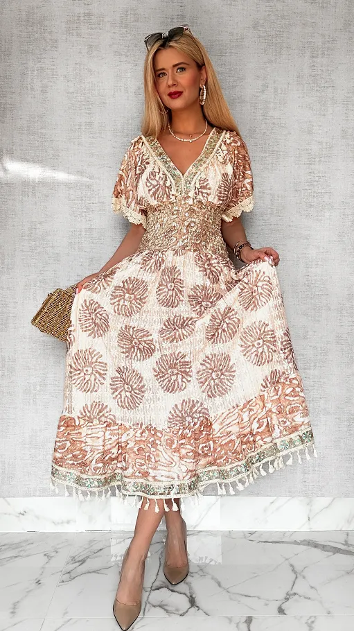 Piękna długa sukienka boho z gumową talią ONE SIZE - P715