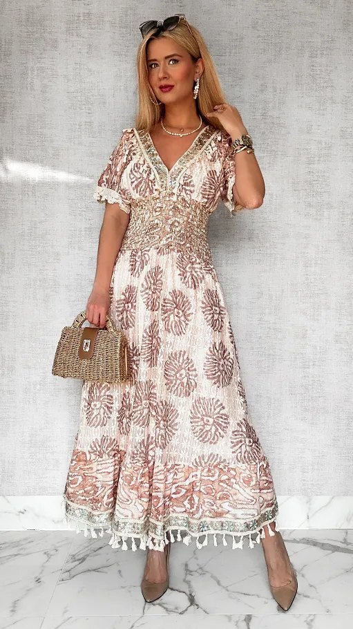 Piękna długa sukienka boho z gumową talią ONE SIZE - P715