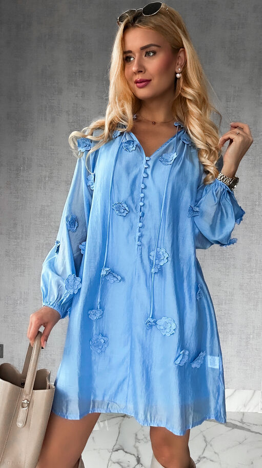 Bawełniana sukienka zdobiona różami ONE SIZE blue - R510A