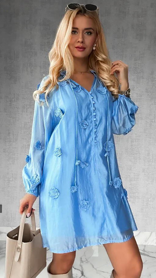 Bawełniana sukienka zdobiona różami ONE SIZE blue - R510A