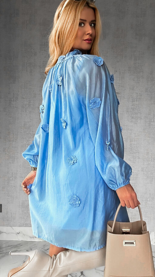 Bawełniana sukienka zdobiona różami ONE SIZE blue - R510A