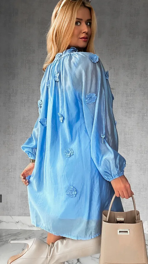 Bawełniana sukienka zdobiona różami ONE SIZE blue - R510A