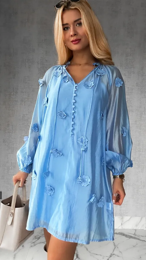 Bawełniana sukienka zdobiona różami ONE SIZE blue - R510A