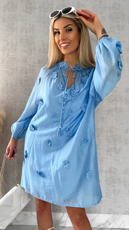 Bawełniana sukienka zdobiona różami ONE SIZE blue - R510A
