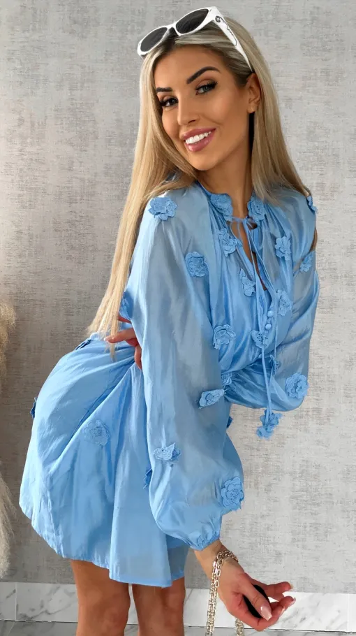 Bawełniana sukienka zdobiona różami ONE SIZE blue - R510A