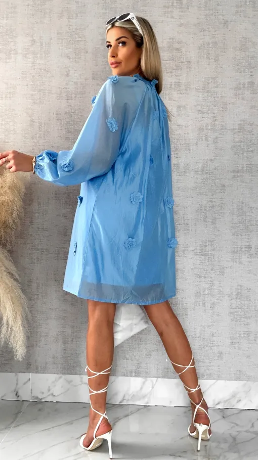 Bawełniana sukienka zdobiona różami ONE SIZE blue - R510A