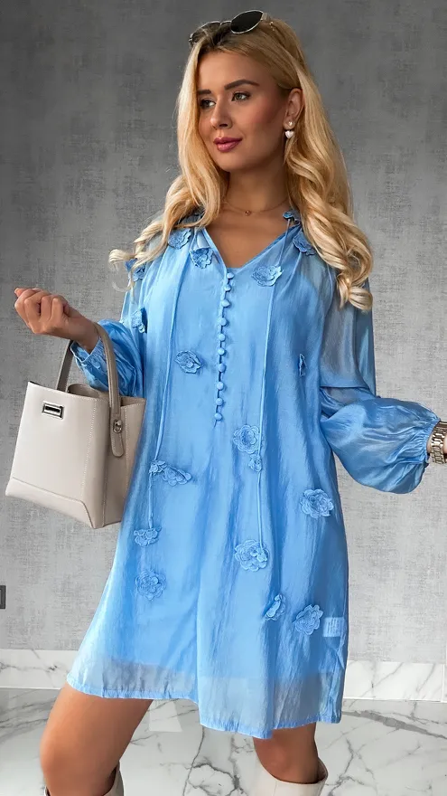 Bawełniana sukienka zdobiona różami ONE SIZE blue - R510A