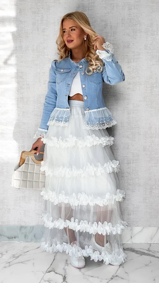 Modna długa spódnica tiulowa z kwiatuszkami ONE SIZE biała - P573