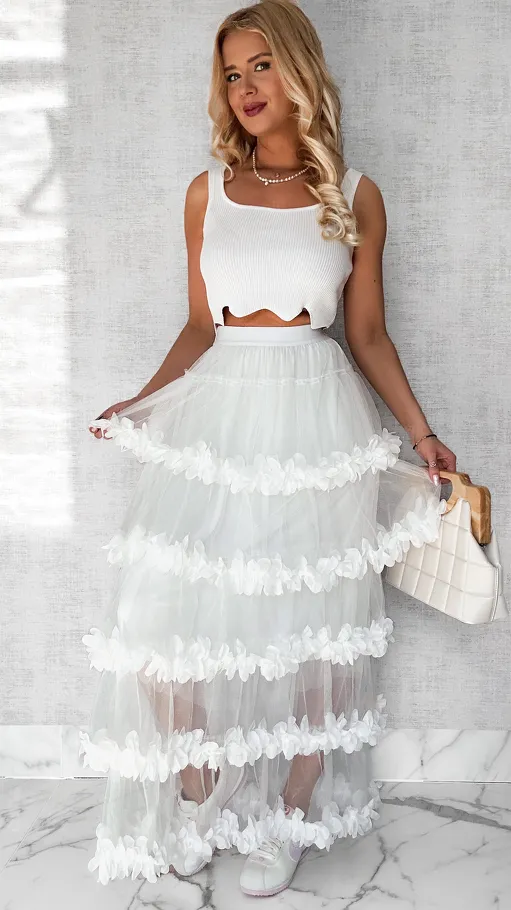 Modna długa spódnica tiulowa z kwiatuszkami ONE SIZE biała - P573