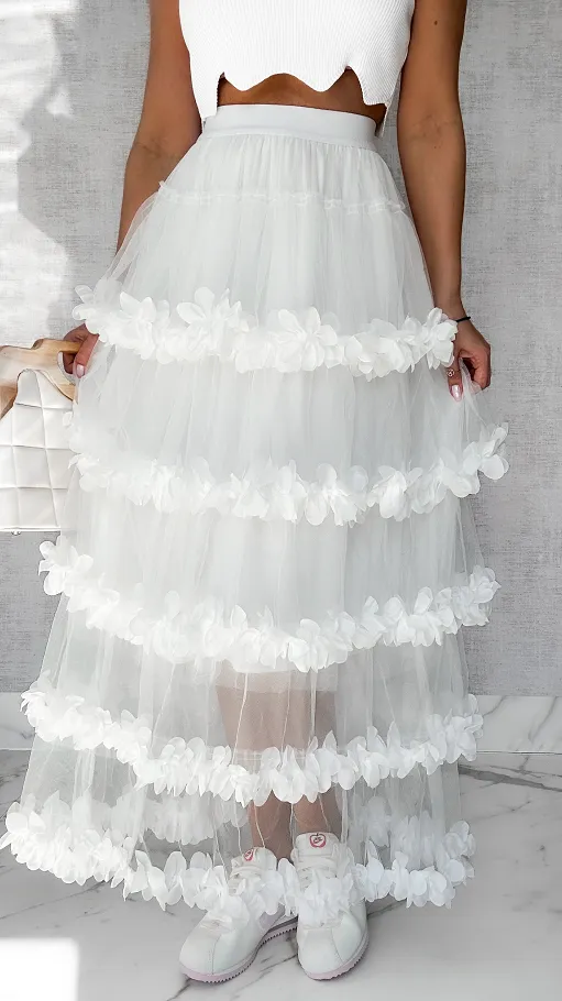 Modna długa spódnica tiulowa z kwiatuszkami ONE SIZE biała - P573