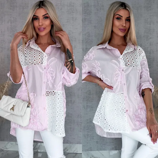 Różowa bawełniana koszula w paski z białą koronką ONE SIZE - R818A