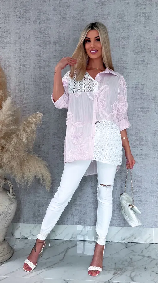 Różowa bawełniana koszula w paski z białą koronką ONE SIZE - R818A