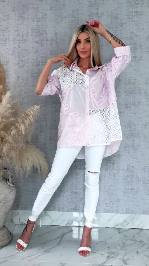 Różowa bawełniana koszula w paski z białą koronką ONE SIZE - R818A