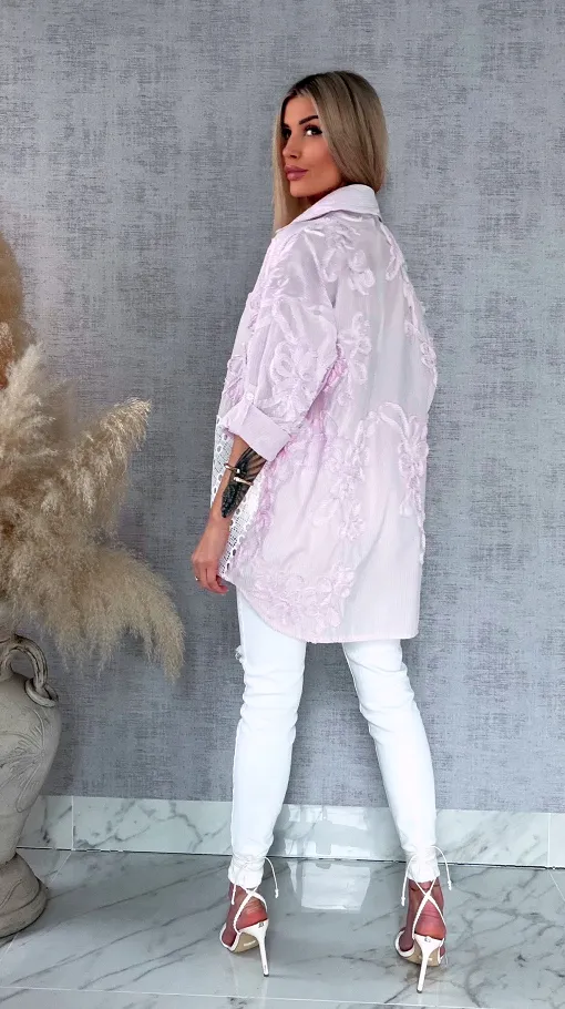 Różowa bawełniana koszula w paski z białą koronką ONE SIZE - R818A