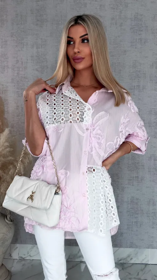 Różowa bawełniana koszula w paski z białą koronką ONE SIZE - R818A