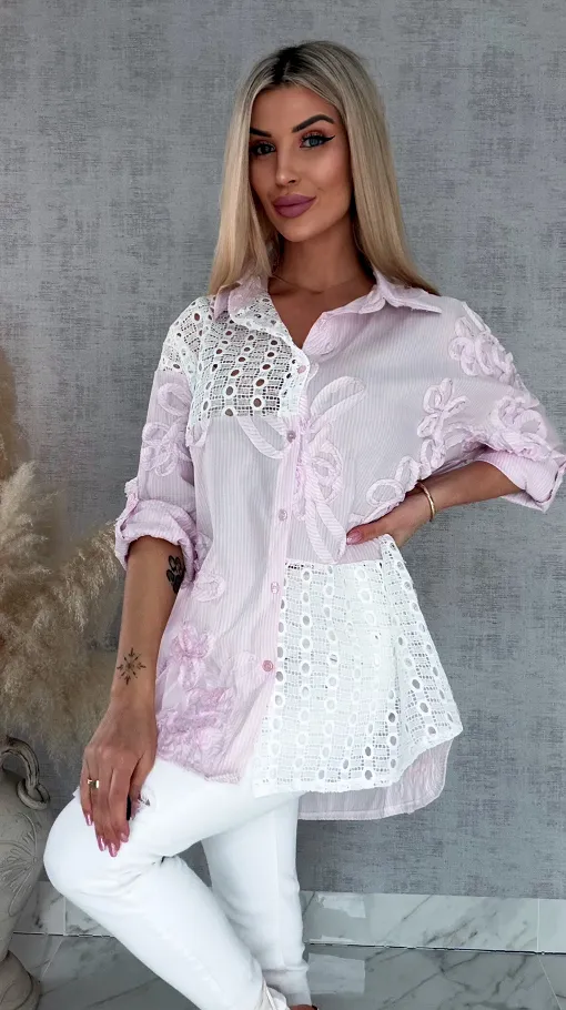 Różowa bawełniana koszula w paski z białą koronką ONE SIZE - R818A