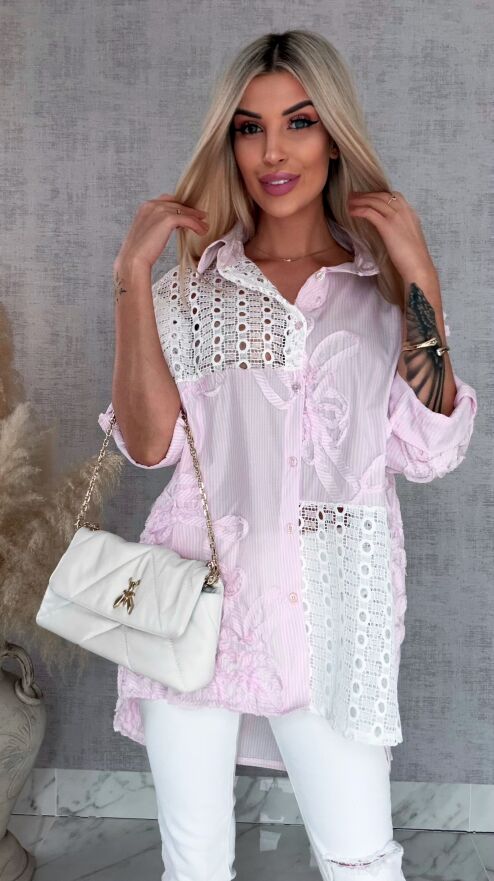 Różowa bawełniana koszula w paski z białą koronką ONE SIZE - R818A