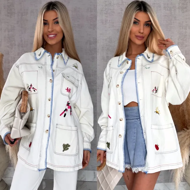 Oryginalna katana jeansowa ECRU haftowana na kolorowo ONE SIZE - R742