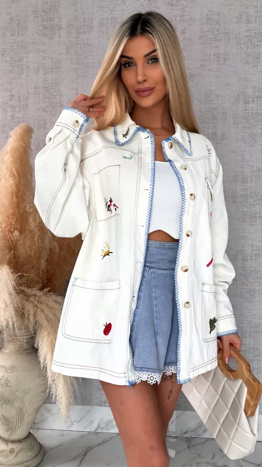 Oryginalna katana jeansowa ECRU haftowana na kolorowo ONE SIZE - R742