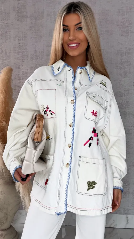 Oryginalna katana jeansowa ECRU haftowana na kolorowo ONE SIZE - R742