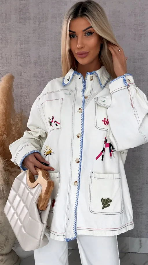 Oryginalna katana jeansowa ECRU haftowana na kolorowo ONE SIZE - R742