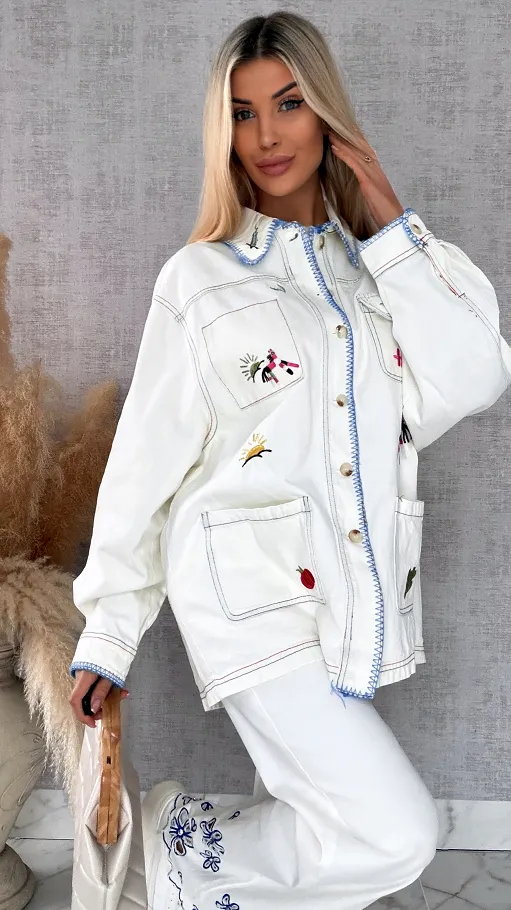 Oryginalna katana jeansowa ECRU haftowana na kolorowo ONE SIZE - R742