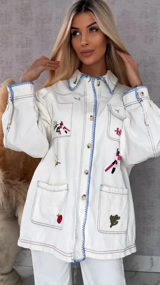 Oryginalna katana jeansowa ECRU haftowana na kolorowo ONE SIZE - R742