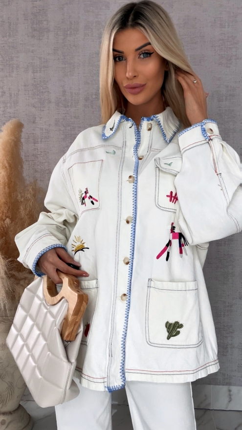 Oryginalna katana jeansowa ECRU haftowana na kolorowo ONE SIZE - R742