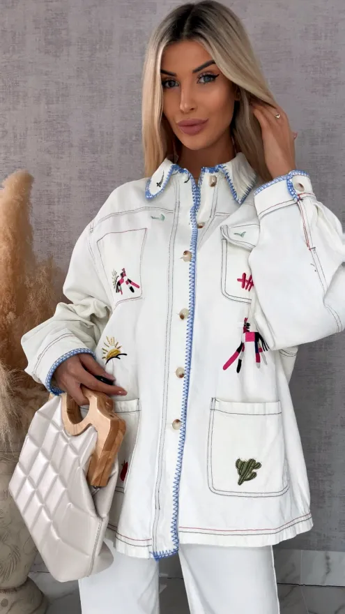 Oryginalna katana jeansowa ECRU haftowana na kolorowo ONE SIZE - R742