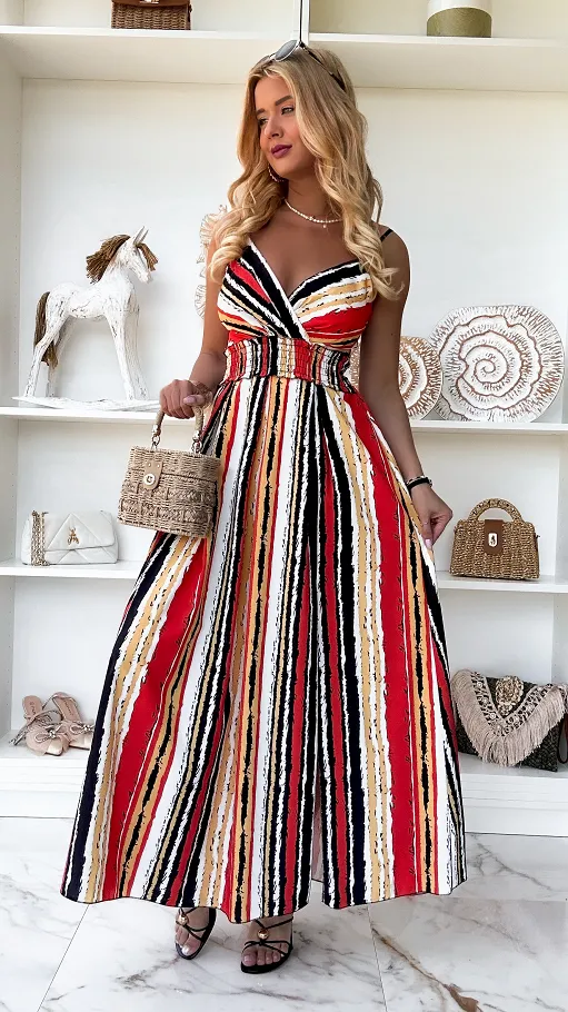 MAXI sukienka w kolorowe paski z pięknym rozcięciem ONE SIZE - P844A
