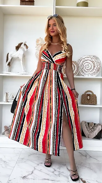 MAXI sukienka w kolorowe paski z pięknym rozcięciem ONE SIZE - P844A