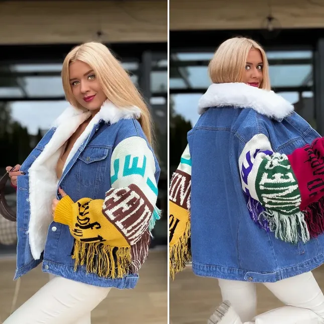 Ekskluzywna jeansowa kurtka z frędzlami PREMIUM ocieplana - R153