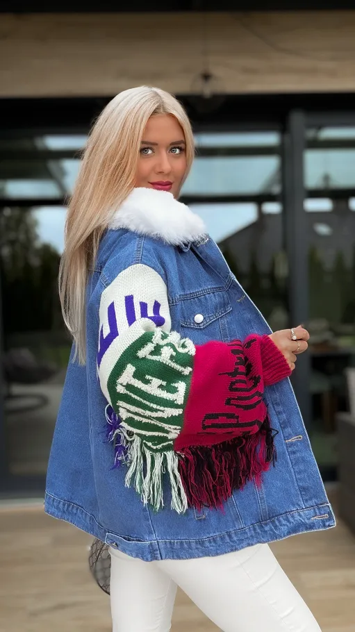 Ekskluzywna jeansowa kurtka z frędzlami PREMIUM ocieplana - R153