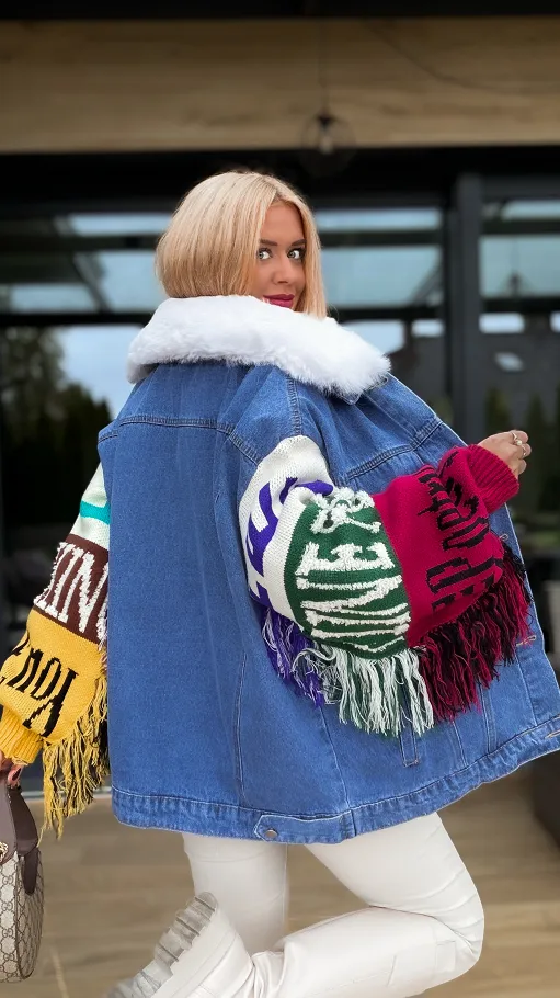 Ekskluzywna jeansowa kurtka z frędzlami PREMIUM ocieplana - R153