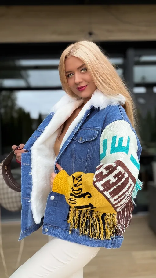 Ekskluzywna jeansowa kurtka z frędzlami PREMIUM ocieplana - R153