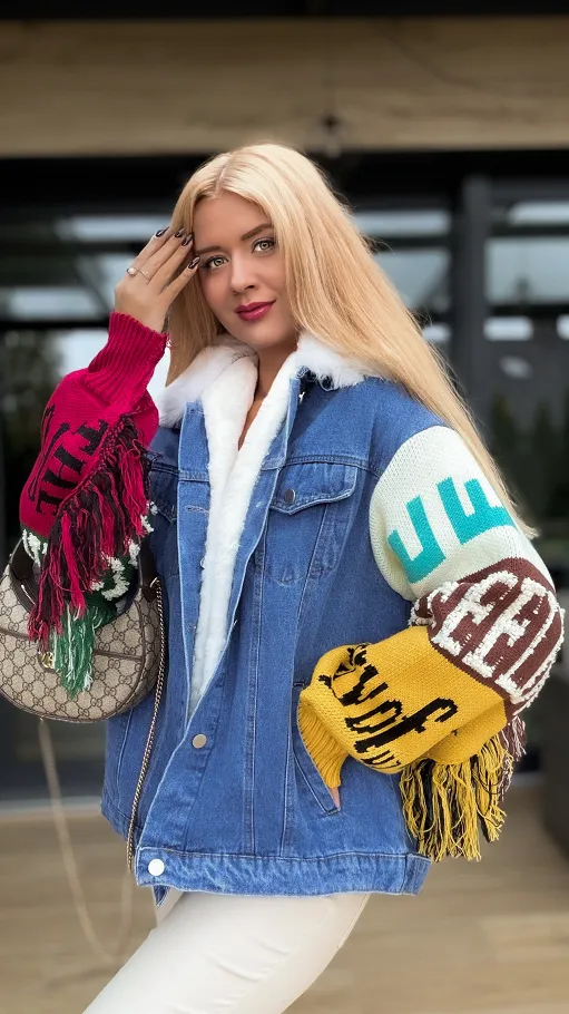 Ekskluzywna jeansowa kurtka z frędzlami PREMIUM ocieplana - R153