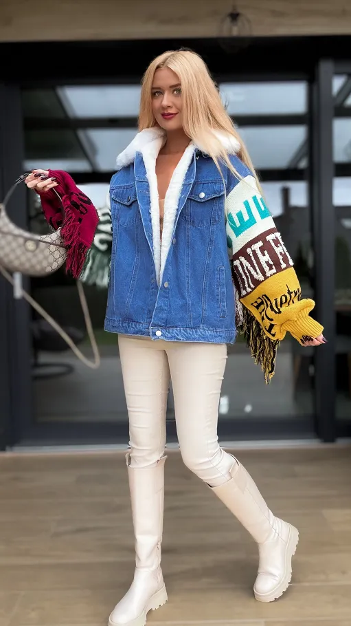 Ekskluzywna jeansowa kurtka z frędzlami PREMIUM ocieplana - R153