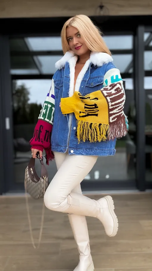 Ekskluzywna jeansowa kurtka z frędzlami PREMIUM ocieplana - R153