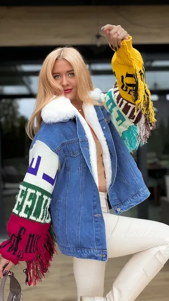 Ekskluzywna jeansowa kurtka z frędzlami PREMIUM ocieplana - R153