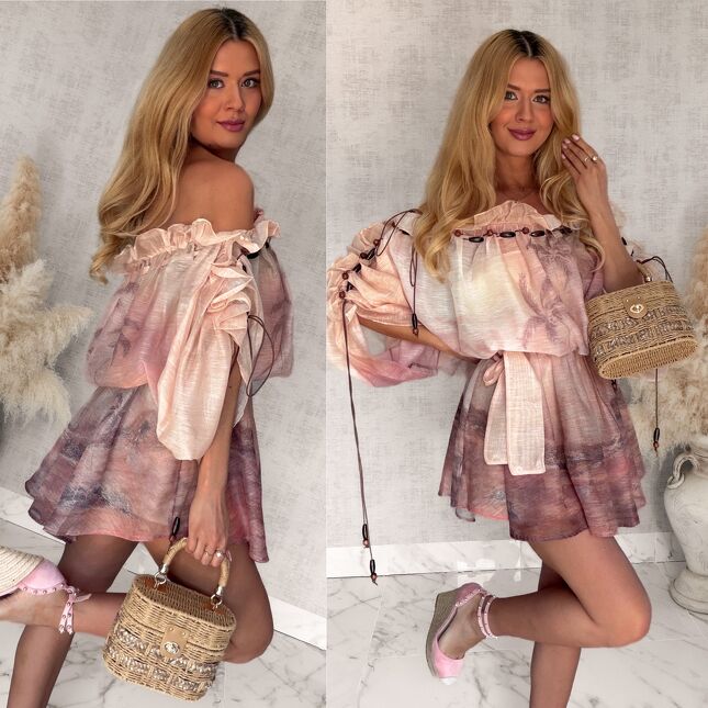 Oryginalna sukienka hiszpanka bawełna z lnem ONE SIZE pink - S055
