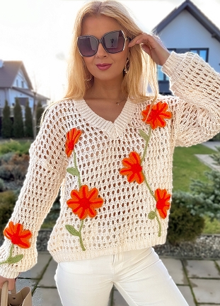 Ekskluzywny PREMIUM ażurowy sweter w kwiaty ECRU - M769