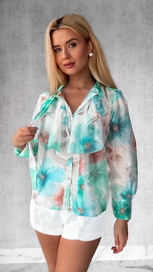 Koszula MGIEŁKA w malowane zielone kwiaty ONE SIZE - P433A