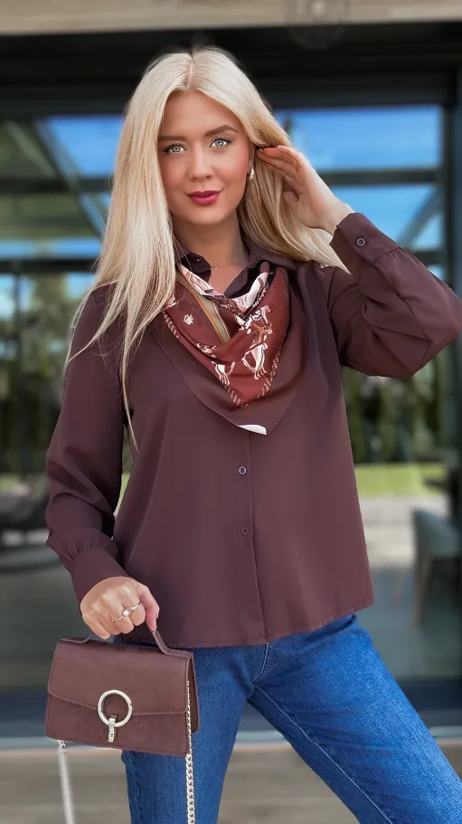 Elegancka czekoladowa koszula z apaszką ONE SIZE - R135A