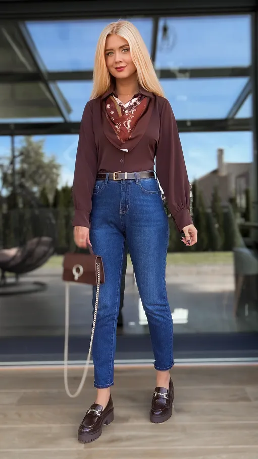 Elegancka czekoladowa koszula z apaszką ONE SIZE - R135A