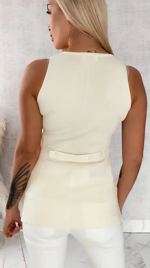 Elegancka dzianinowa kamizelka zdobiona na dekolcie ONE SIZE ecru - R459