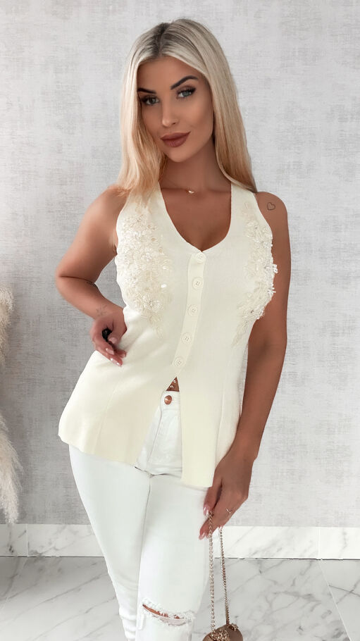 Elegancka dzianinowa kamizelka zdobiona na dekolcie ONE SIZE ecru - R459